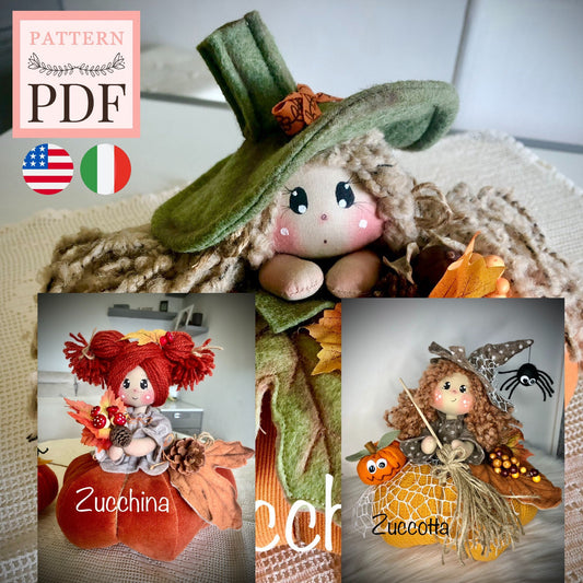 SET di 3 Cartamodelli in 1 "Zuccotta, zucchina e Zucchella": bambole a forma di zucca, per Halloween e non solo, pdf, download immediato