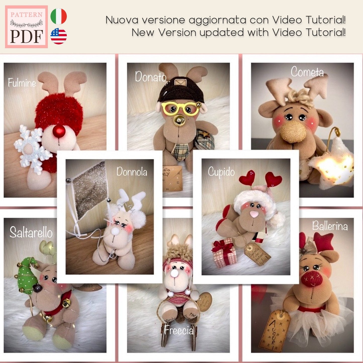 Cartamodello Renne di Babbo Natale (8 in 1) - con video tutorial - renne, natale, pdf, download istantaneo, facile da realizzare