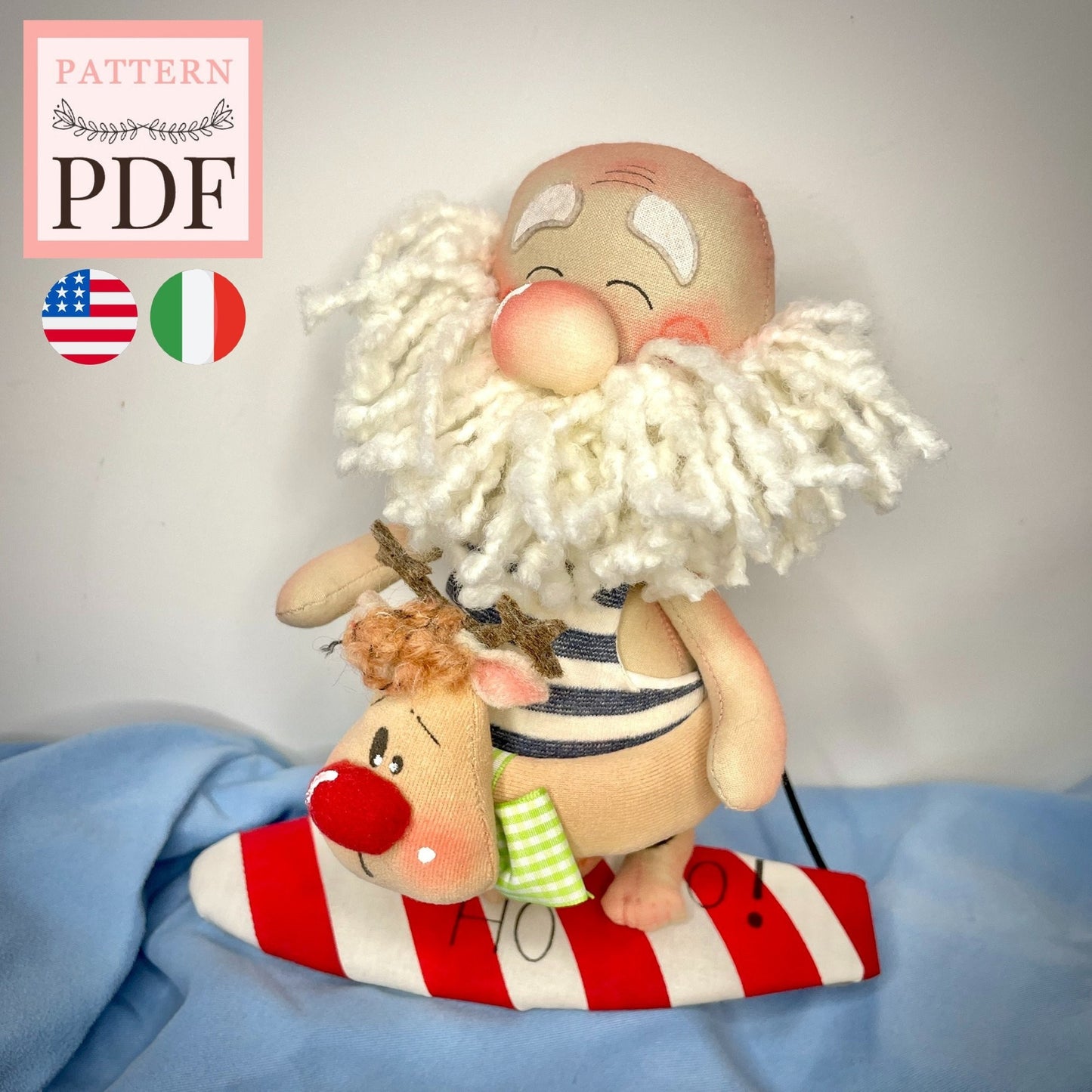 "Santa in Surf" sewing pattern: summer Santa Claus, instant pdf download