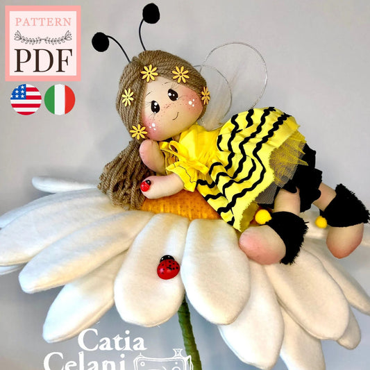 "BeeDoll on Daisy" doll sewing pattern: bee, daisy, instant pdf download