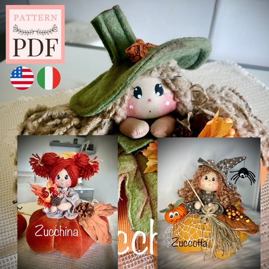 SET of 3 Sewing Patterns in 1 "Zuccotta, zucchini and Zucchella": pumpkin-shaped dolls, for Halloween and beyond, pdf, immediate download